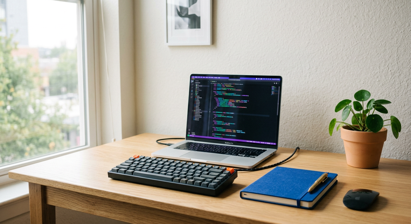 A tidy developer desk with a laptop, keyboard, blue notebook, and a plant