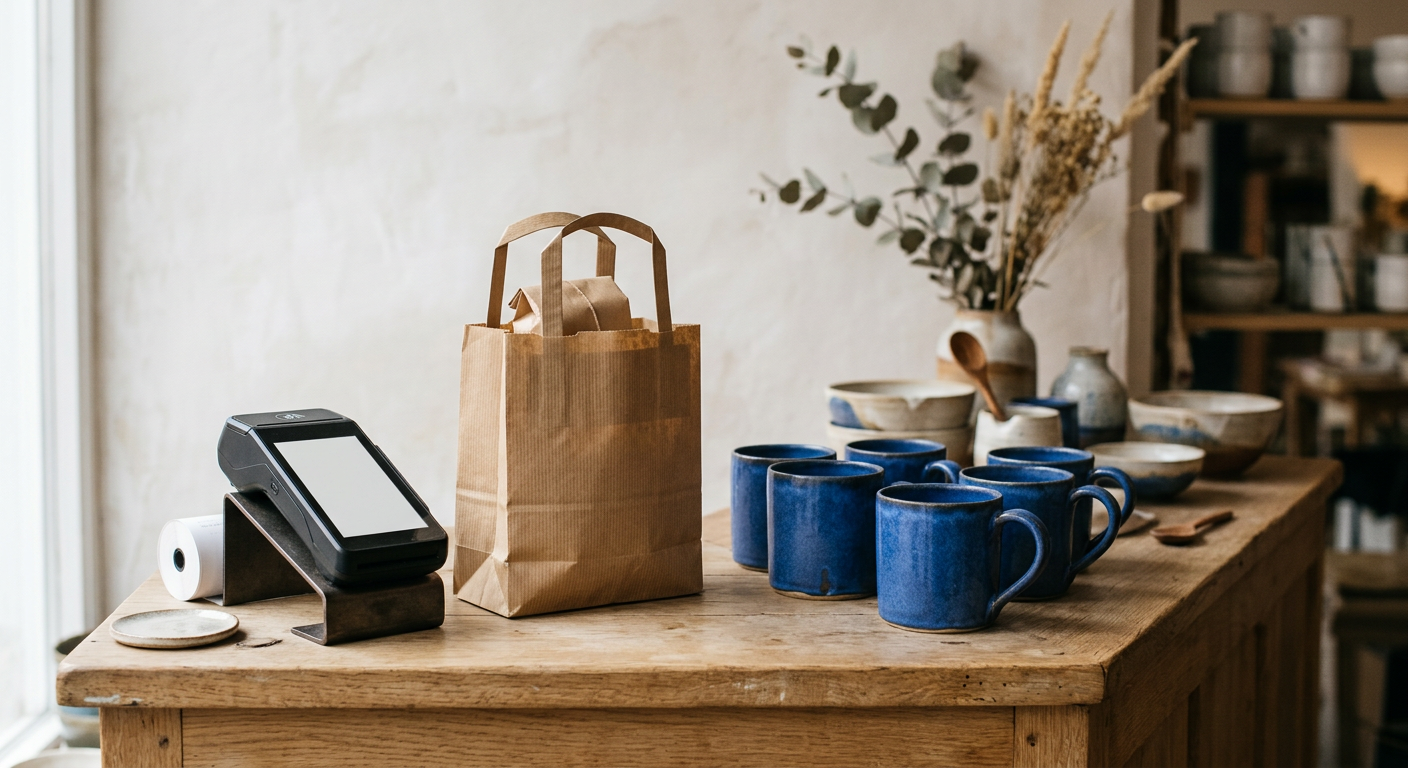 A ceramics shop counter with a card terminal, kraft paper bag, and blue mugs