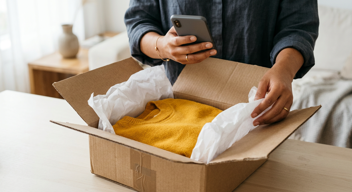 Hands holding a phone while unboxing a parcel with a yellow sweater inside